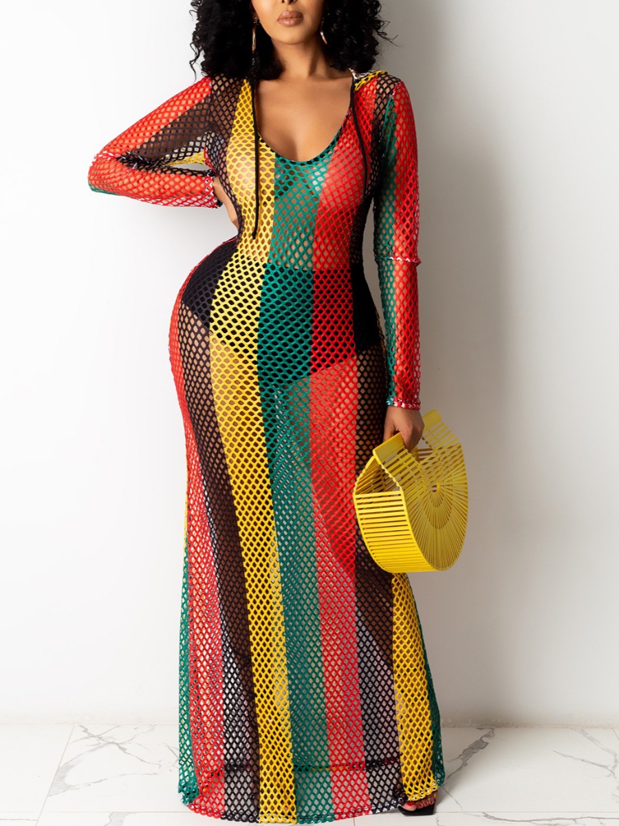

Lovely Sexy Hooded Collar Striped Hollow-out Multicolor Floor Length Dress, Multi