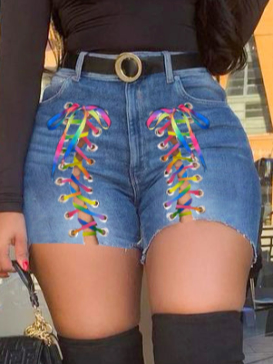 

LW Street Bandage Hollow-out Design Blue Denim Shorts
