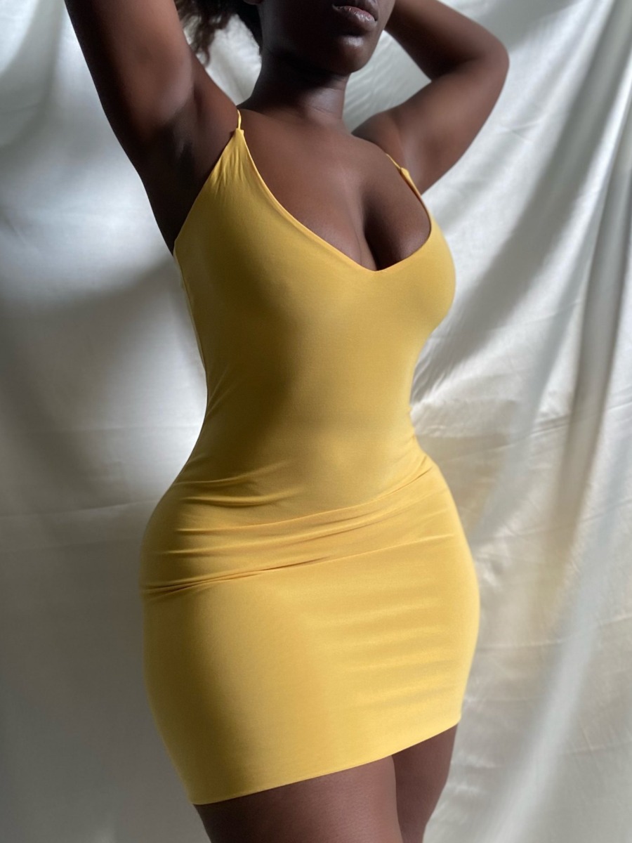 

Lovely Casual V Neck Basic Skinny Yellow Mini Dress