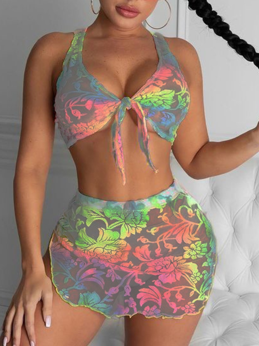 

Lovely Sexy Floral Print Bandage Design Multicolor Two-pioece Swimsuit, Multi