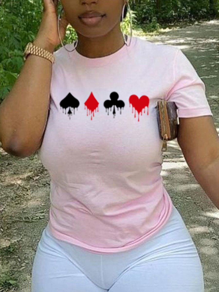 

Lovely Casual O Neck Heart-shaped Print Pink T-shirt