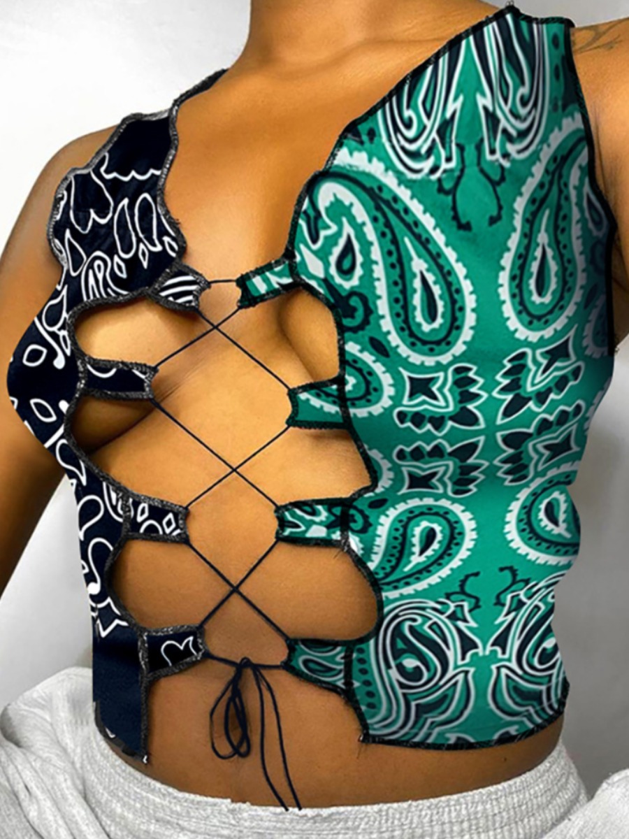 

Lovely Sexy Cashew Print Bandage Hollow-out Design Green Camisole