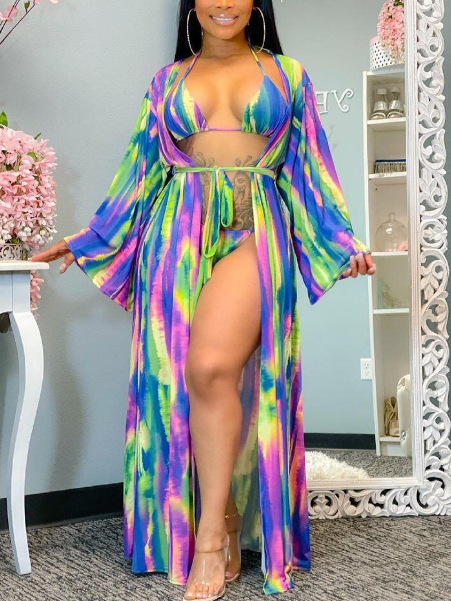 

Lovely Boho Backless Bandage Design Multicolor Three-piece Swimsuit, Multi