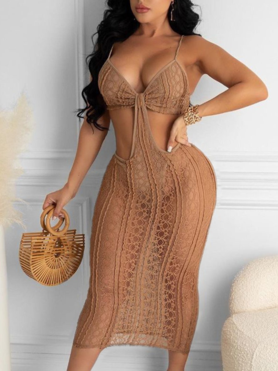 

Lovely Sexy See-through Hollow-out Khaki Mid Calf Dress