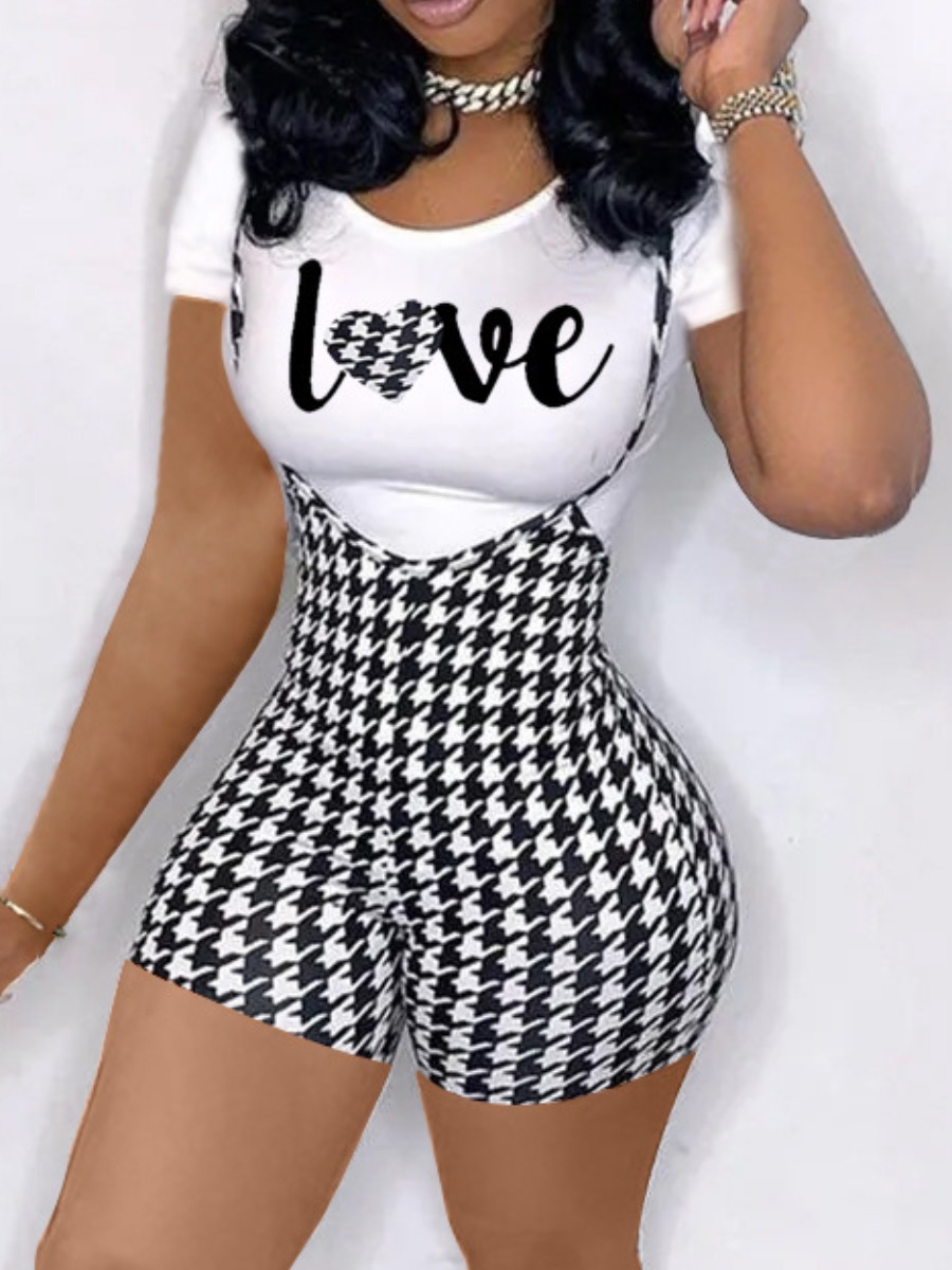 

LW Casual Plaid Letter Print Overalls White Two Piece Shorts Set