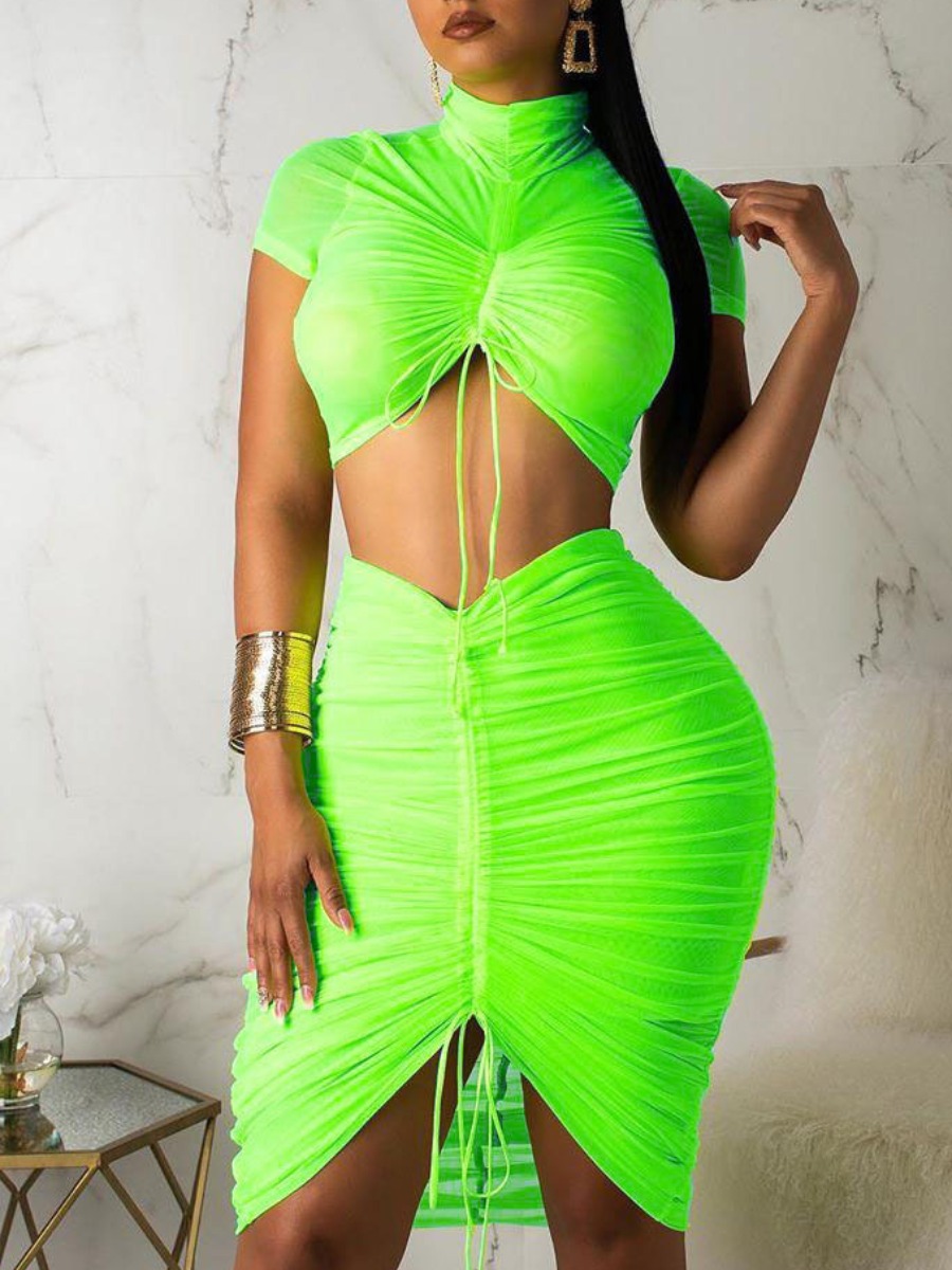 

Lovely Sexy Ruched Drawstring Green Two Piece Skirt Set