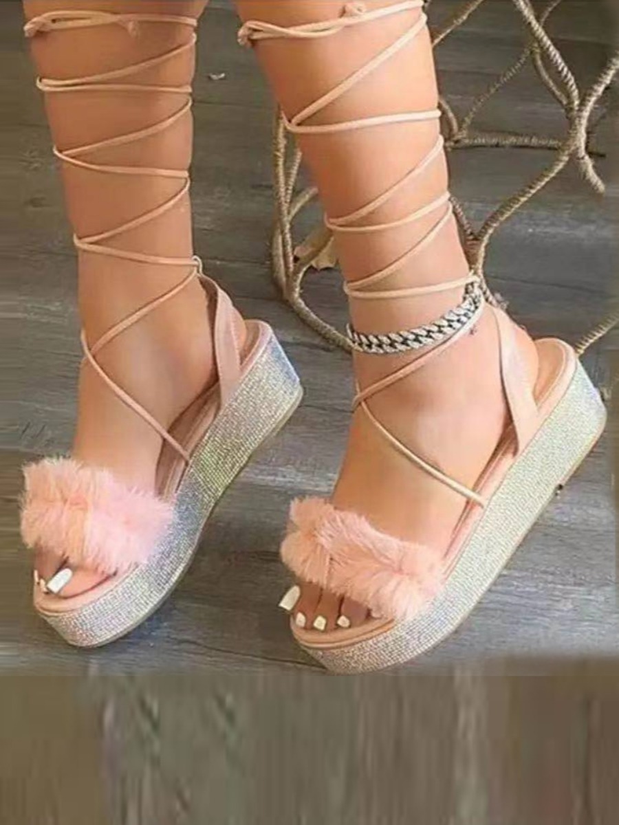

LW Street Tie Leg Fluffy Pink Platform Shoes