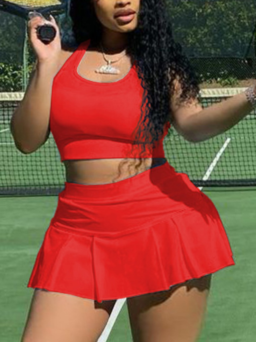 

Lovely Plus Size Sporty U Neck Flounce Design Red Two-piece Skirt Set