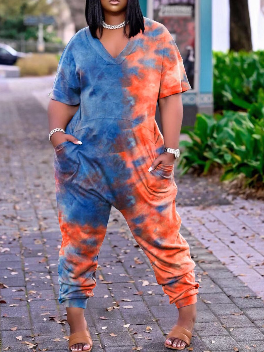 

Lovely Plus Size Street Dropped Shoulder Tie-dye Blue One-piece Jumpsuit