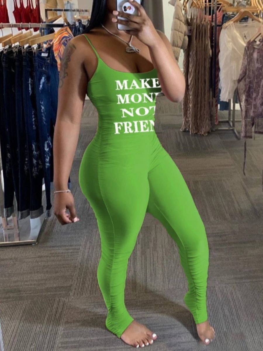 

Lovely Sporty U Neck Letter Print Green One-piece Jumpsuit