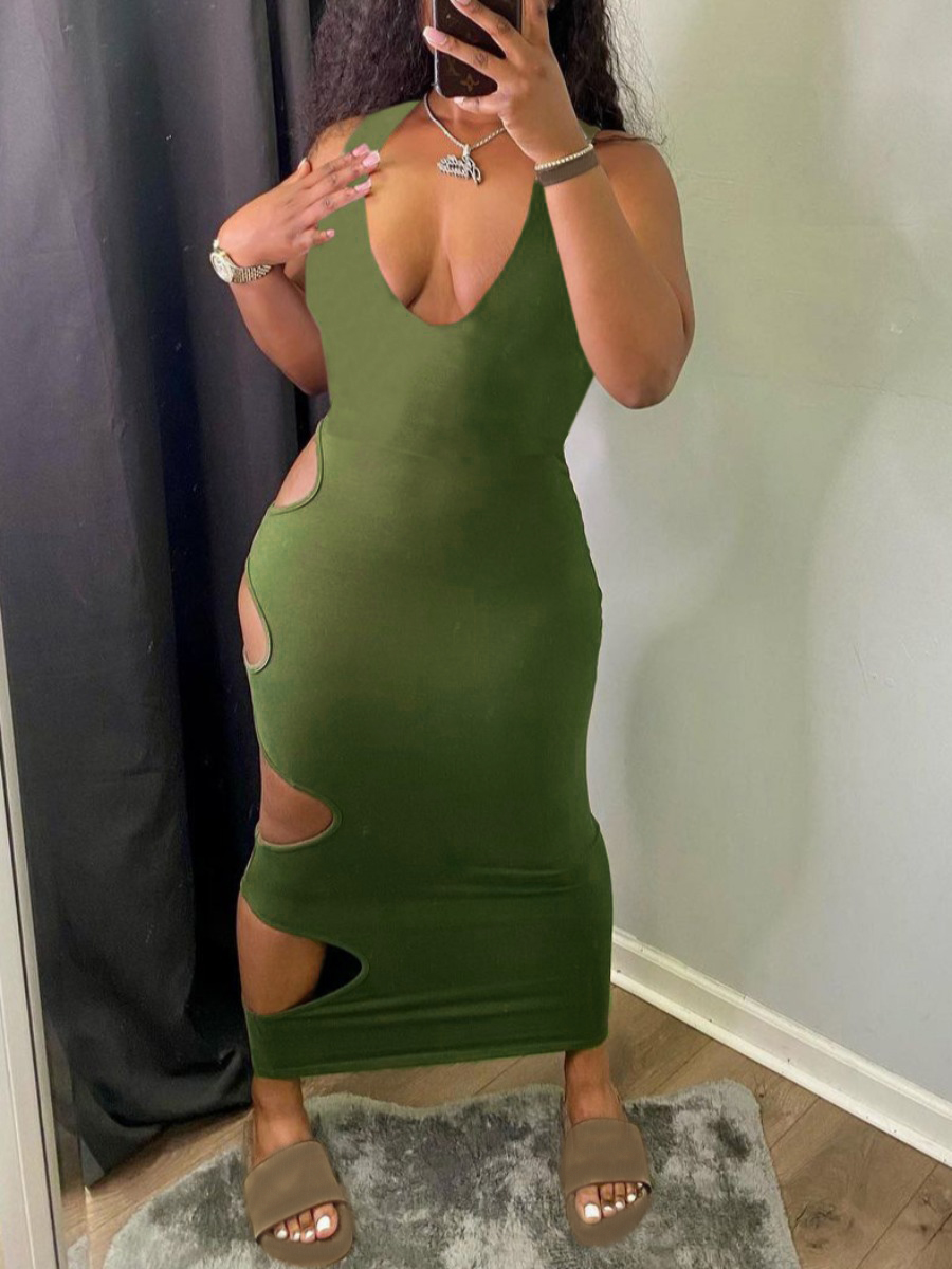 

LW Casual U Neck Hollow-out Army Green Ankle Length Dress