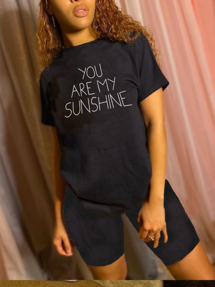 

LW Casual O Neck Letter Print Black Two Piece Shorts Set
