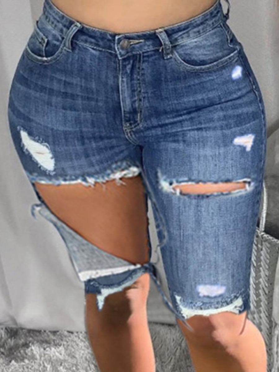 

Lovely Plus Size Street High-waisted Ripped Deep Blue Denim Shorts