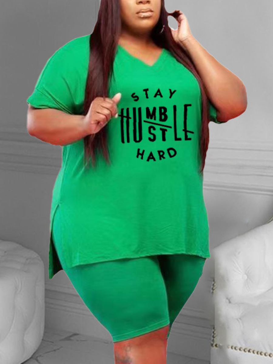

LW Plus Size Casual Letter Print Split Green Two-piece Shorts Set