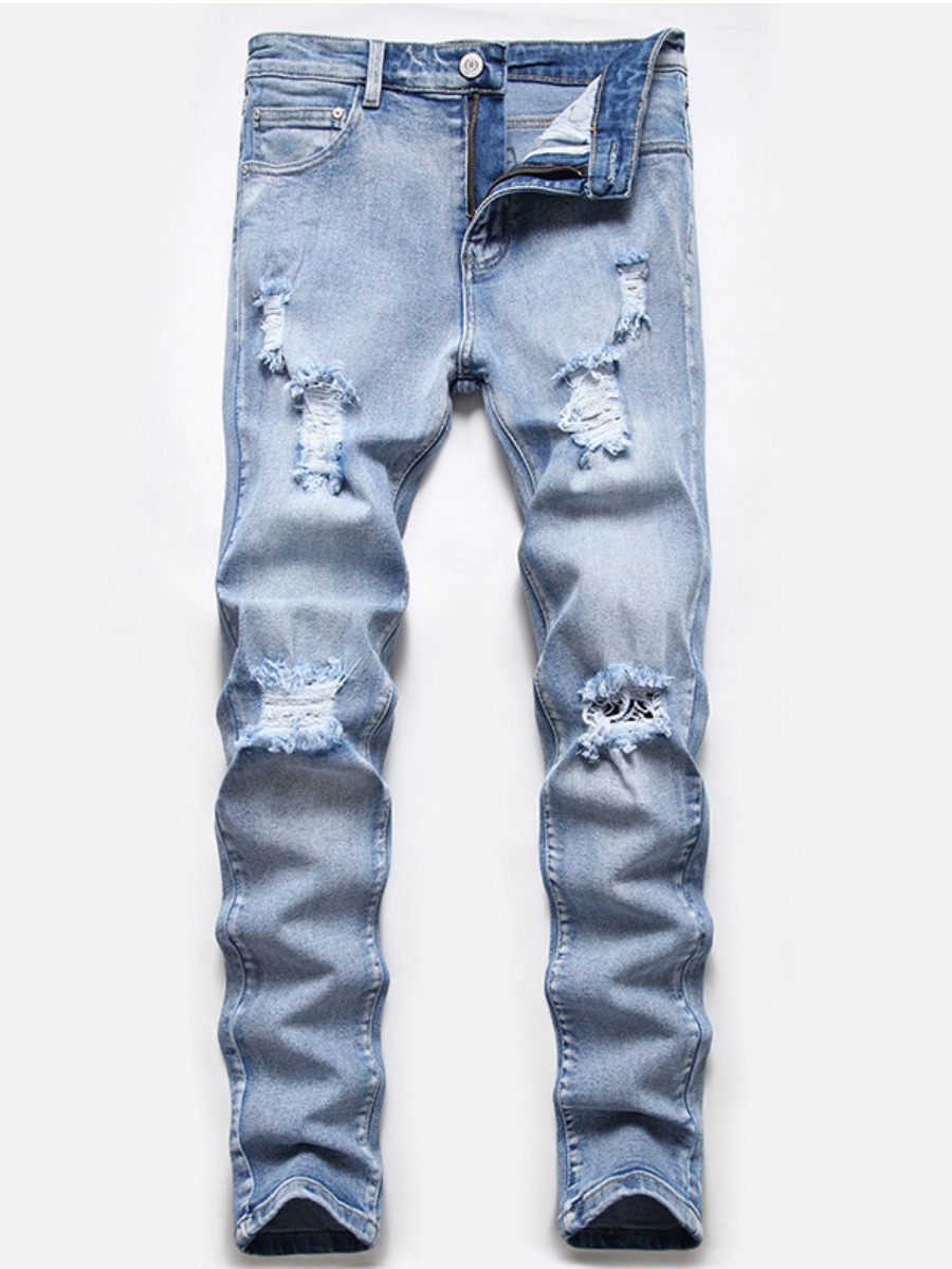 

Lovely Men Street Mid Waist Ripped Baby Blue Jeans