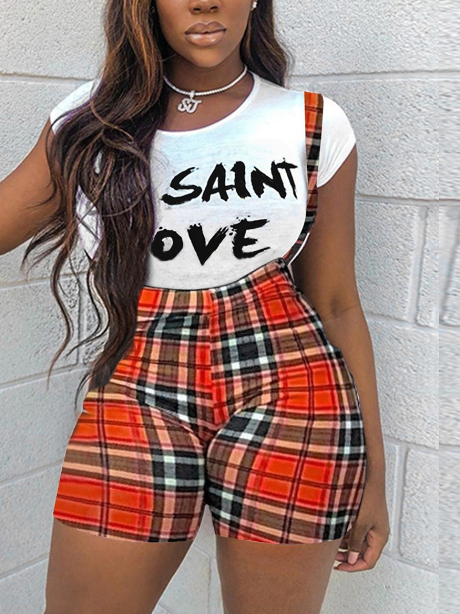 

Lovely Street Plaid Letter Print Suspender Red Two Piece Shorts Set
