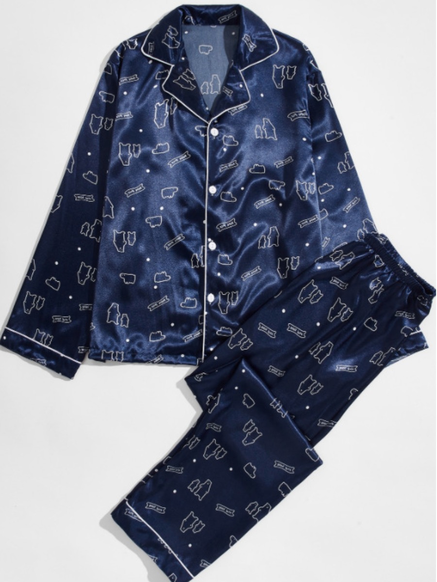

Lovely Men Casual Turndown Collar Print Blue Two Piece Pants Set