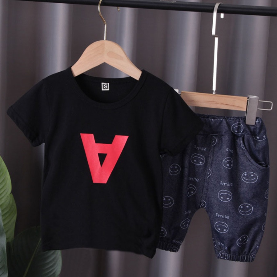 

Lovely Boy Casual Smiley Face Letter Print Black Two Piece Pants Set