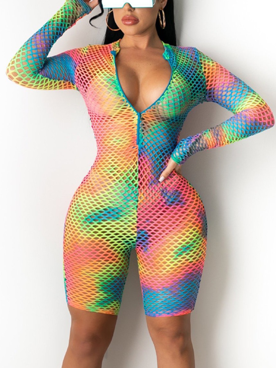 

Lovely Sexy Mesh Tie-dye Blue One-piece Romper