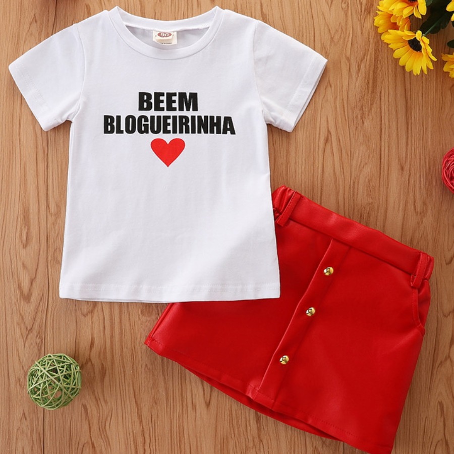 

Lovely Girl Casual Letter Print Button Design Red Two Piece Skirt Set