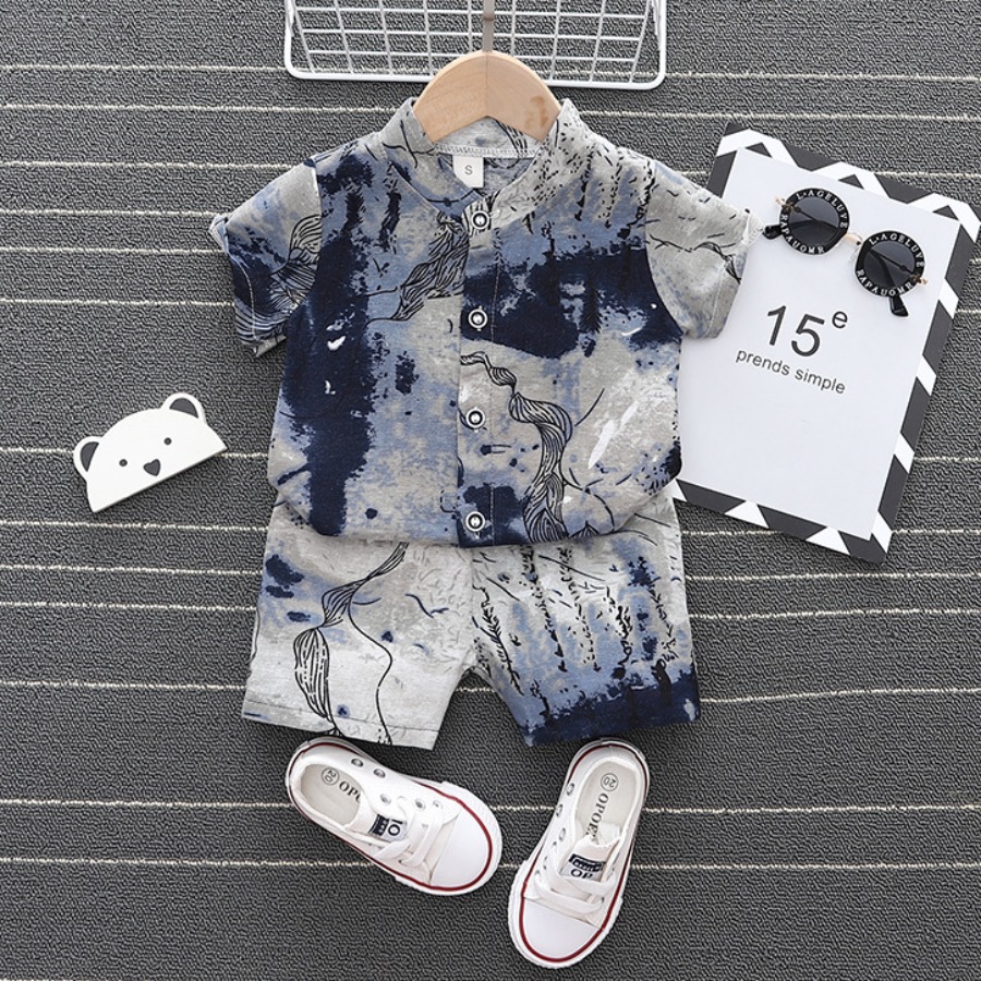 

Lovely Boy Boho Mandarin Collar Tie Dye Grey Two Piece Shorts Set