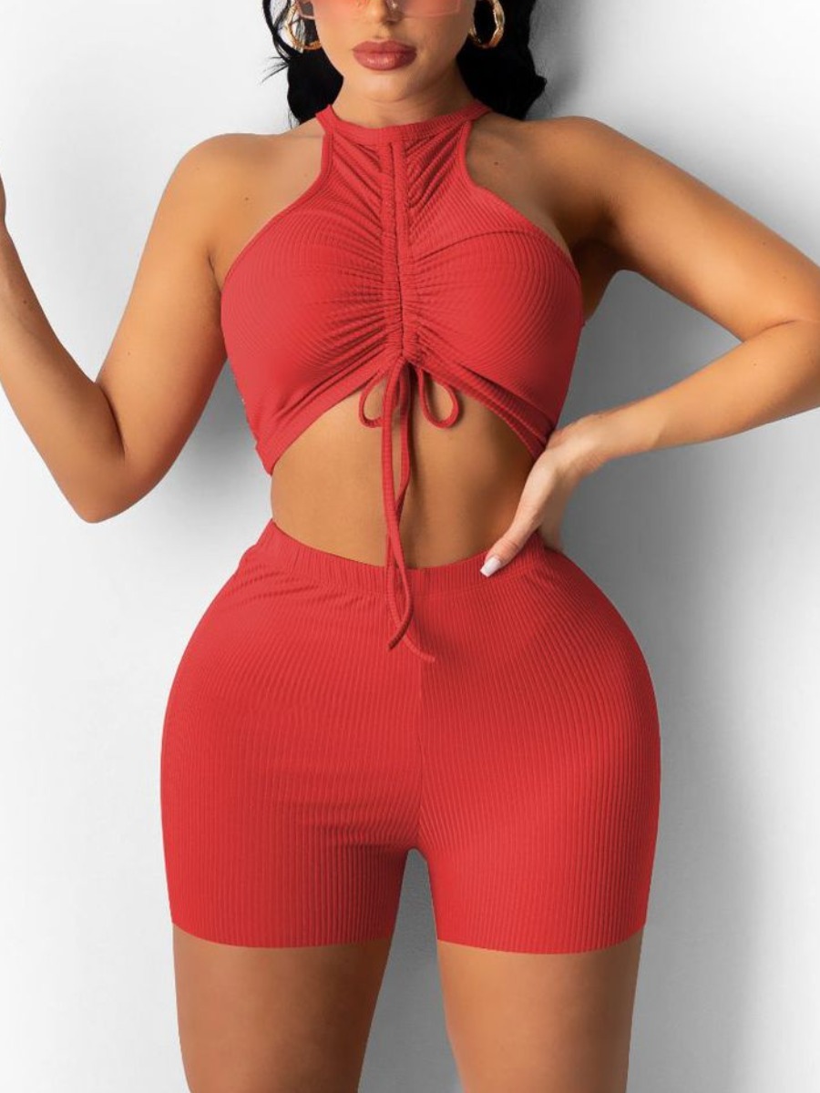 

Lovely Casual O Neck Drawstring Red Two Piece Shorts Set