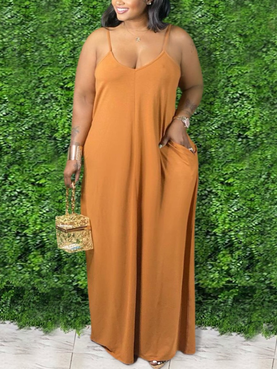 

LW Plus Size Casual V Neck Pocket Design Croci Floor Length Dress
