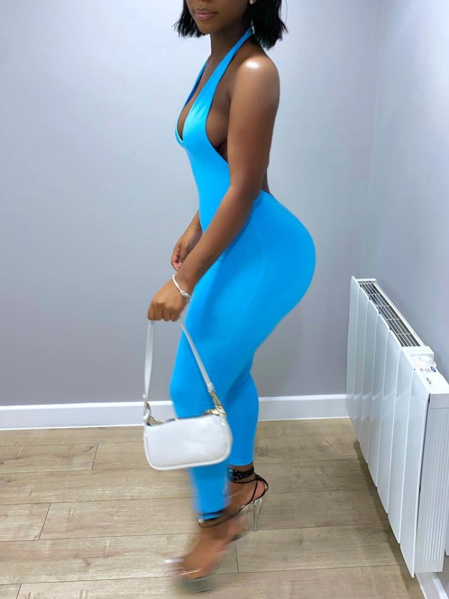 

LW V Neck Backless Skinny Jumpsuit, Blue