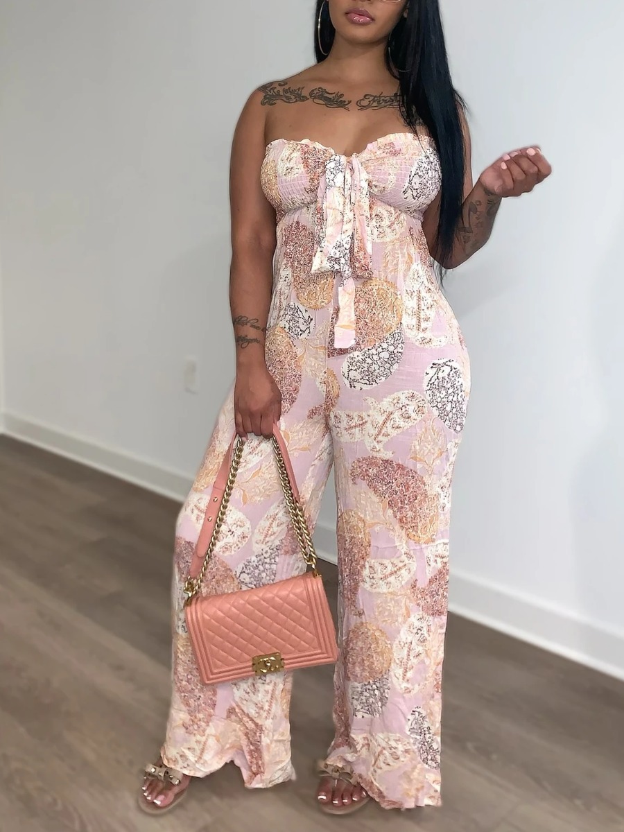 

Lovely Casual Off The Shoulder Print Light Pink One-piece Jumpsuit