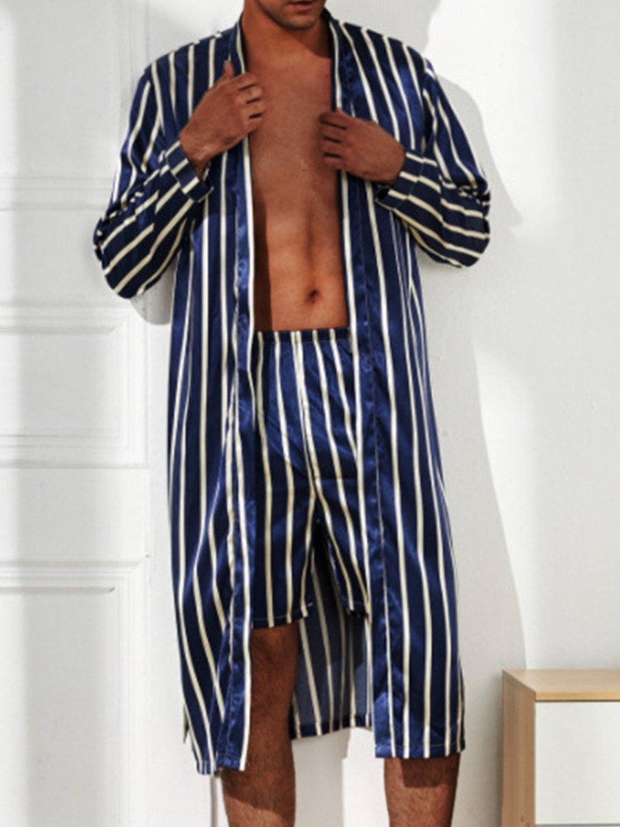 

Lovely Men Casual Striped Patchwork Blue Two Piece Shorts Set