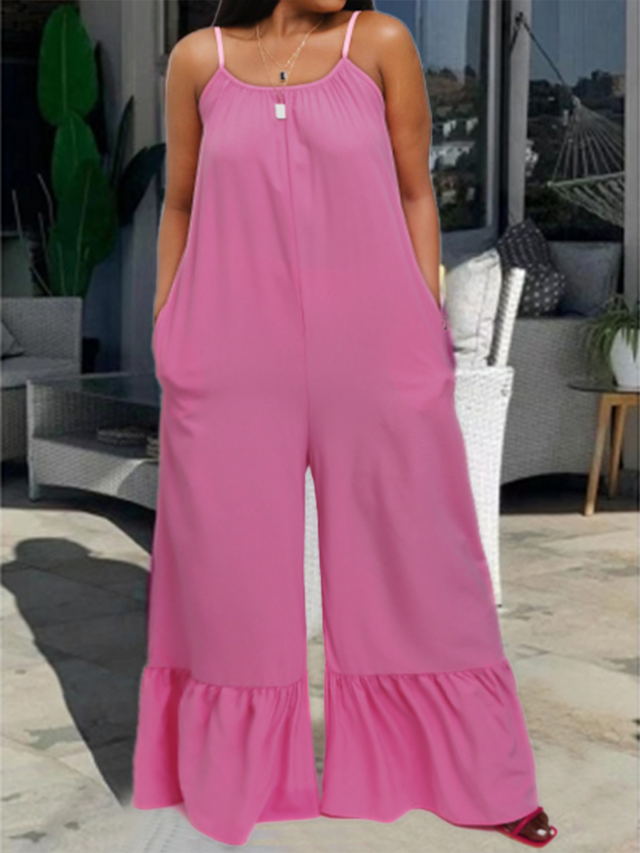 LW Plus Size Casual Flounce Design Loose Pink One-piece Jumpsuit