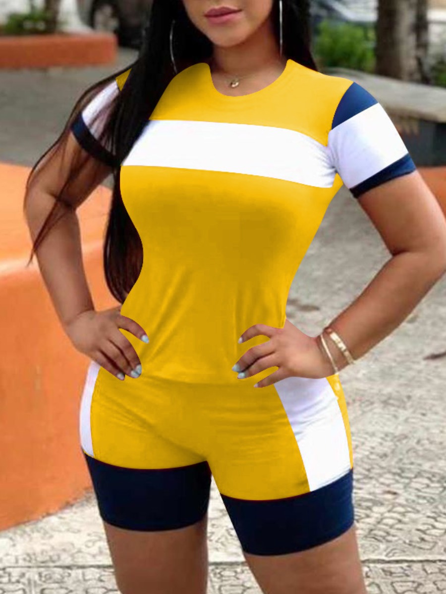 

LW Street O Neck Color-lump Yellow Two Piece Shorts Set