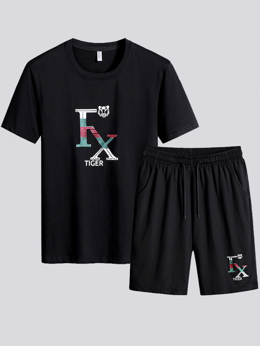 

Lovely Men Casual Letter Print Drawstring Black Two Piece Shorts Set