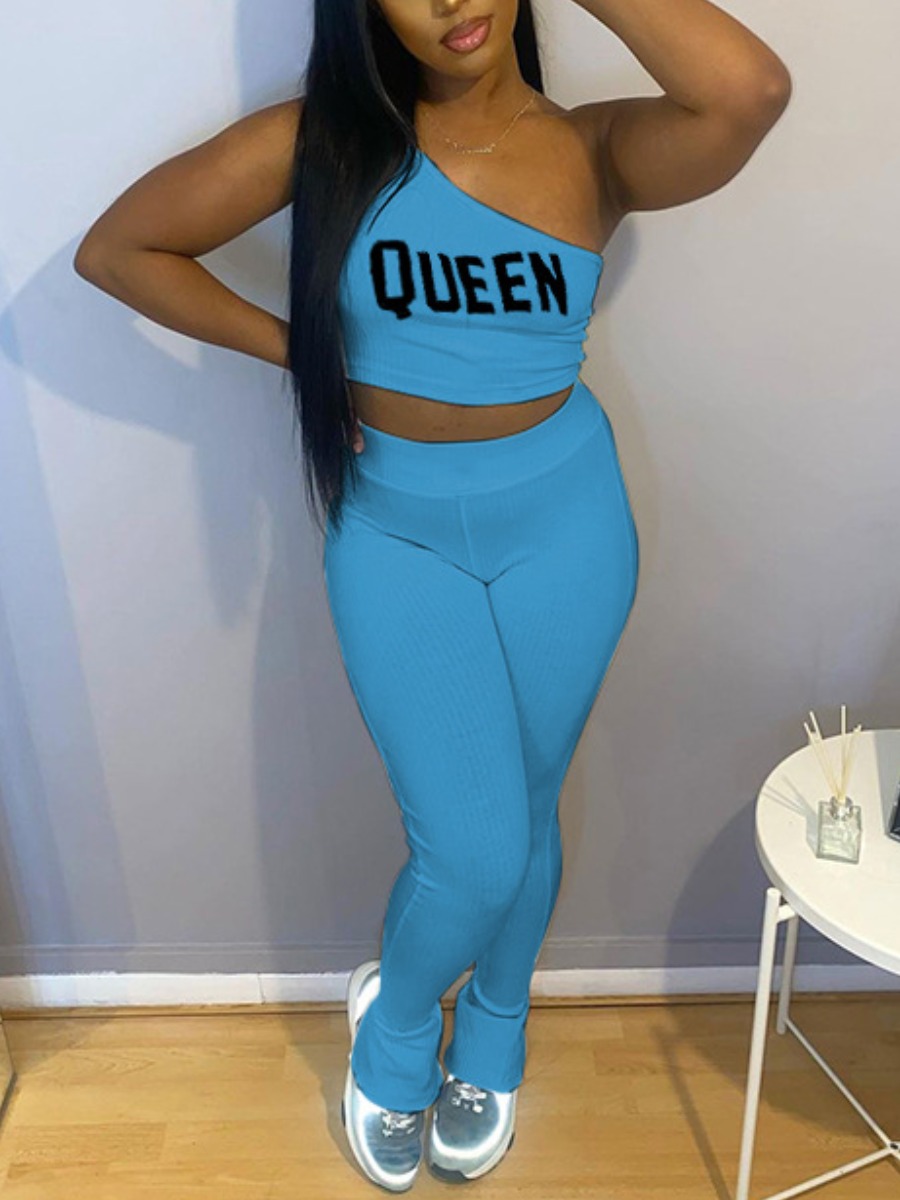 

Lovely Casual One Shoulder Letter Print Blue Two Piece Pants Set