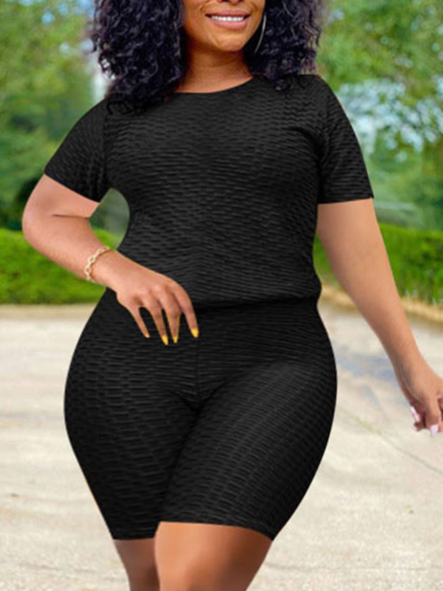 

Lovely Plus Size Sporty O Neck Elastic Black Two-piece Shorts Set