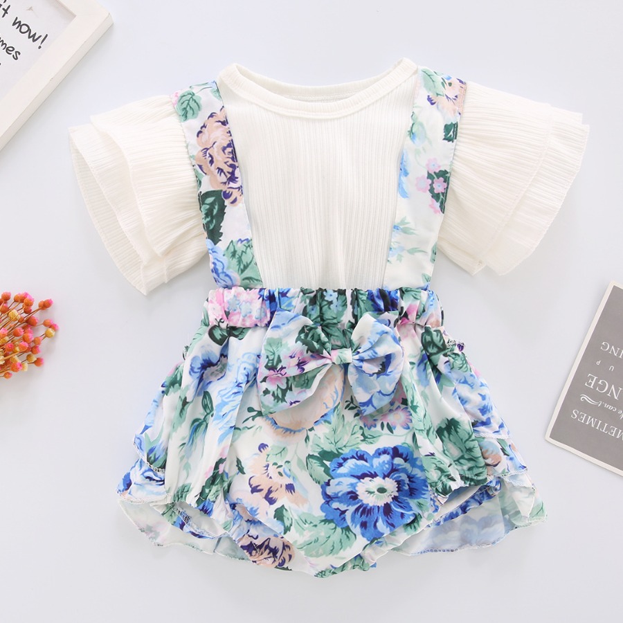 

Lovely Girl Sweet Floral Print Flounce Design Suspender White Two Piece Skirt Set