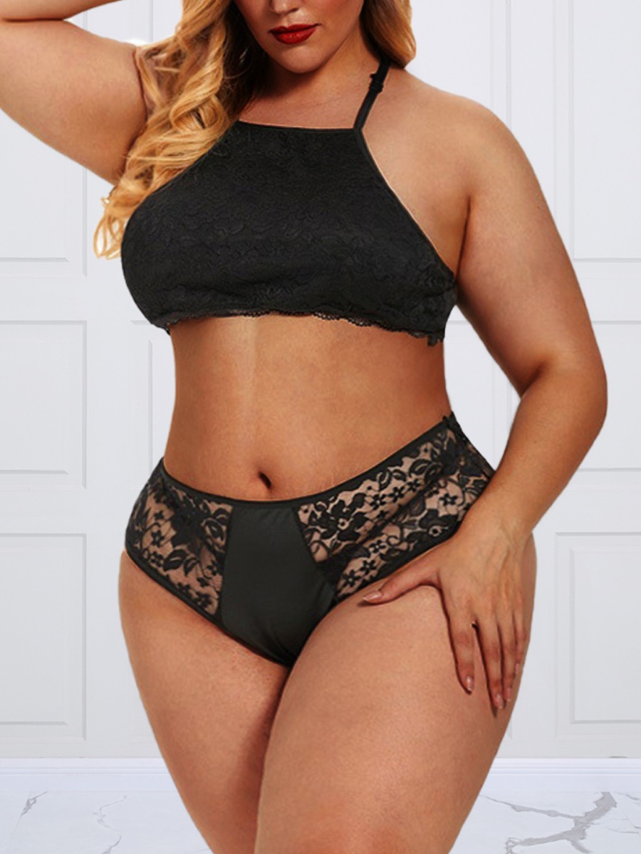 

Lovely Plus Size Sexy See-through Floral Decoration Black Bra Set
