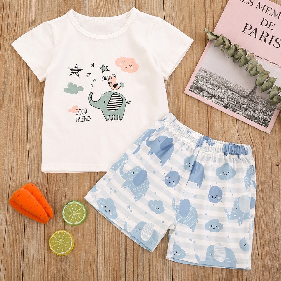 

Lovely Boy Casual Cartoon Letter Print White Two Piece Shorts Set