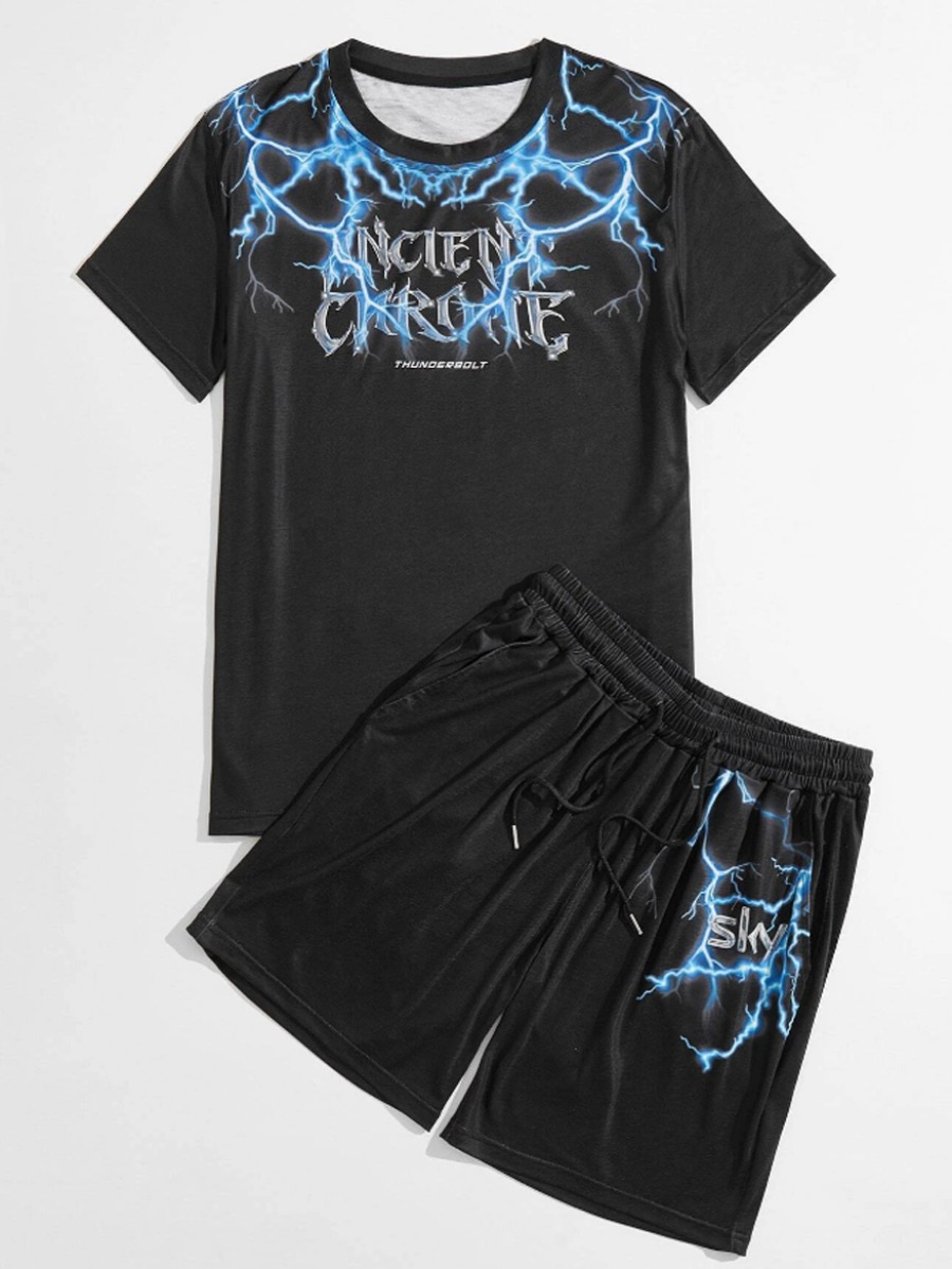 

Lovely Men Casual Letter Print Drawstring Black Two Piece Shorts Set