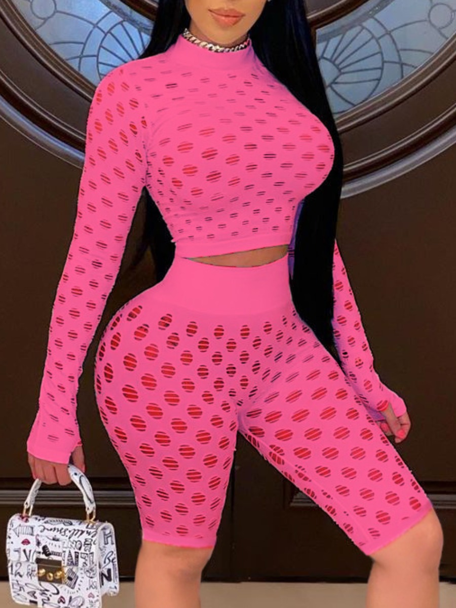 

LW Sexy O Neck Hollow-out Rose Red Two Piece Shorts Set