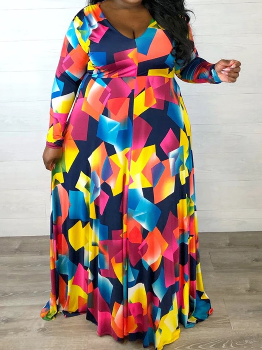 

LW Plus Size Elegant Geometric Print Flounce Design Multicolor Floor Length Dress, Multi