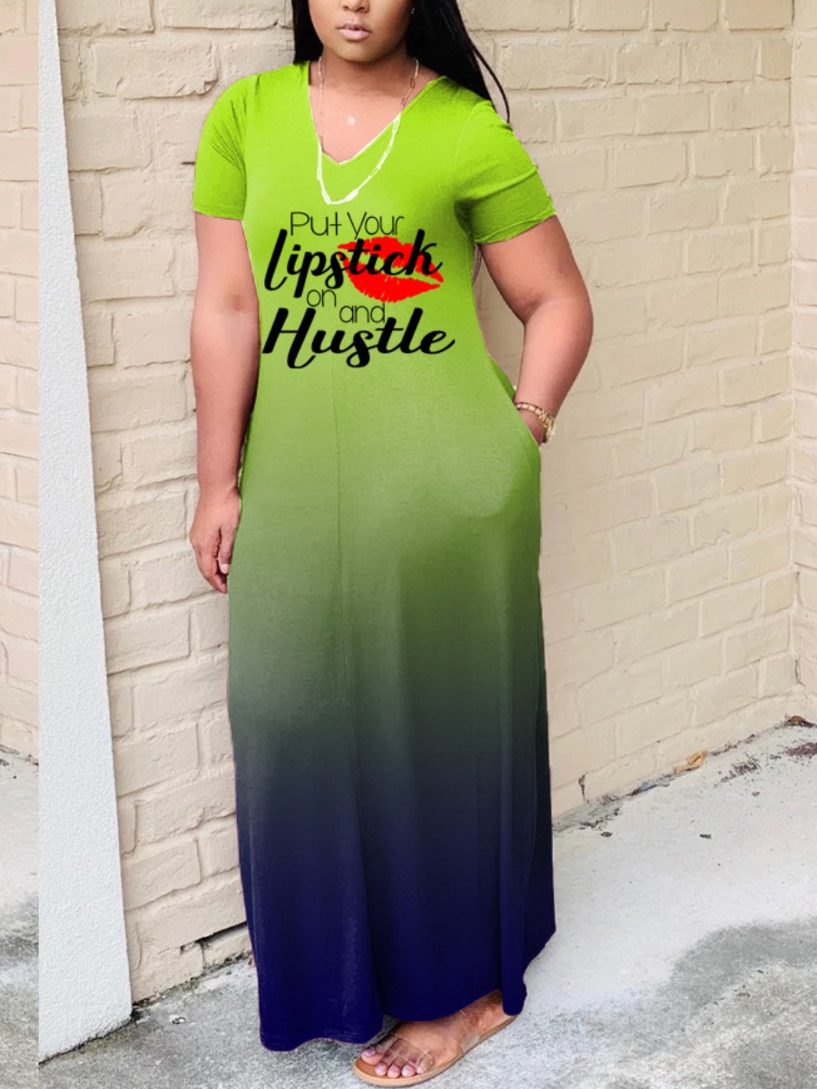 

Lovely Plus Size Casual Gradient Letter Print Green Ankle Length Dress