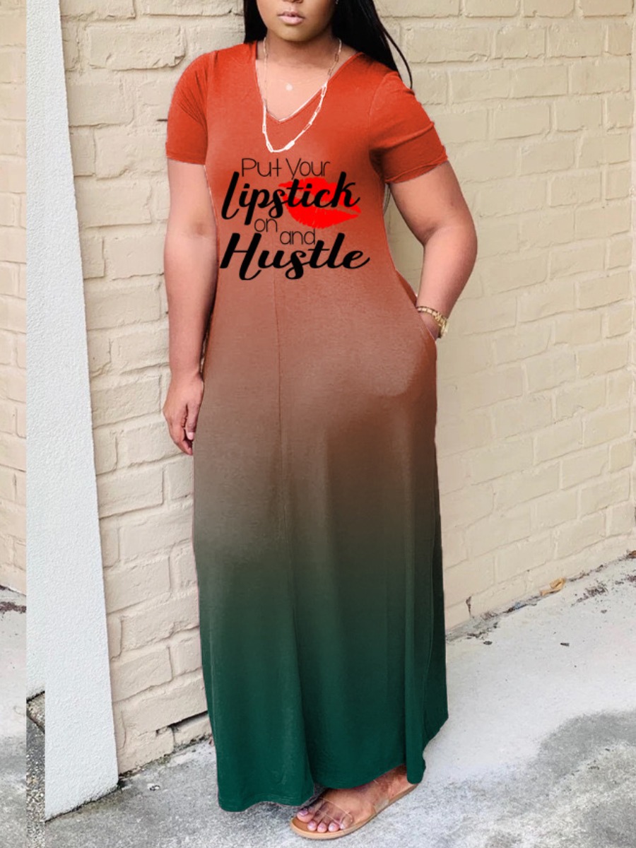 

Lovely Plus Size Casual Gradient Letter Print Red Ankle Length Dress