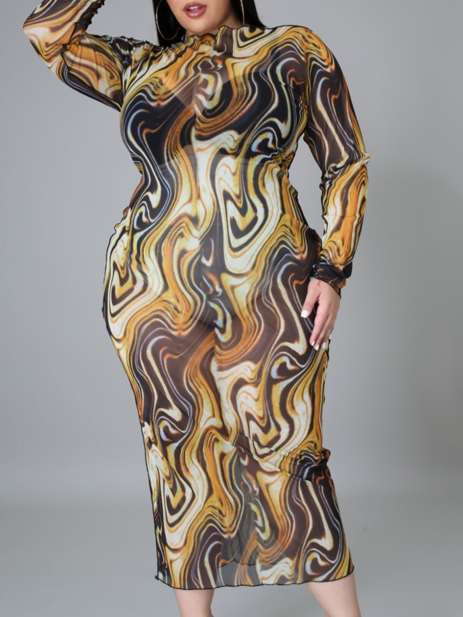 

Lovely Plus Size Casual Print See-through Yellow Mid Calf Dress