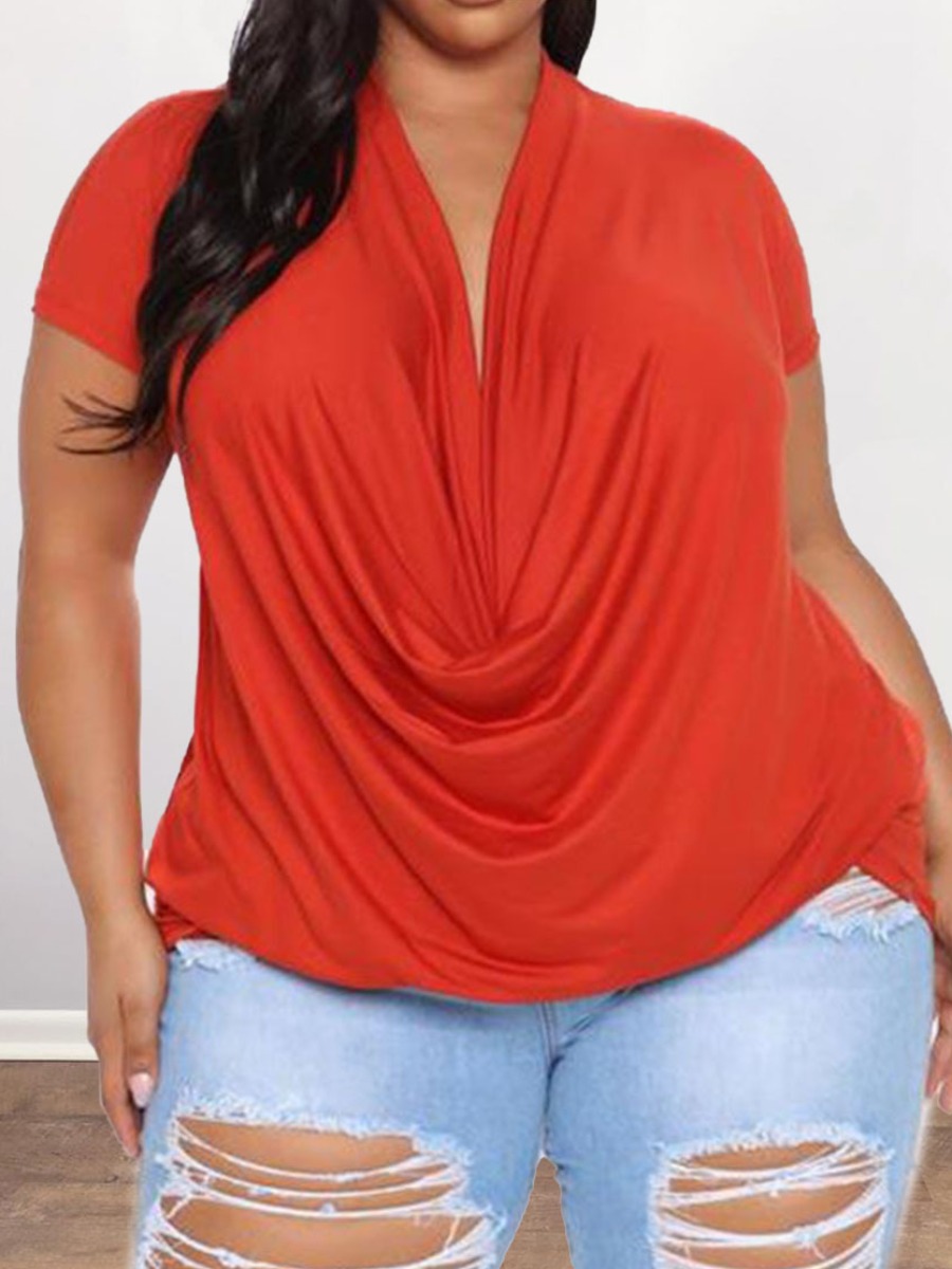 LW Plus Size Casual V Neck Fold Design Red T-shirt