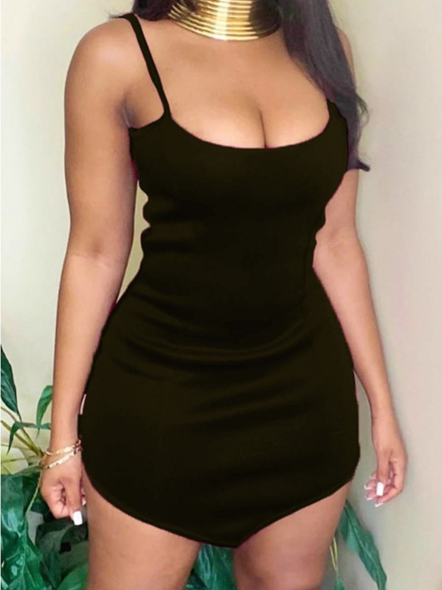 

Lovely Casual Spaghetti Strap Basic Skinny Black Mini Dress