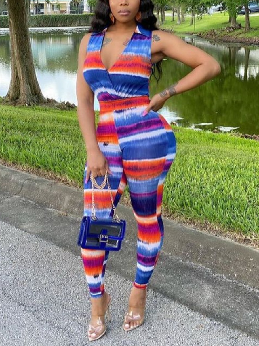 

Lovely Street V Neck Tie-dye Blue One-piece Jumpsuit