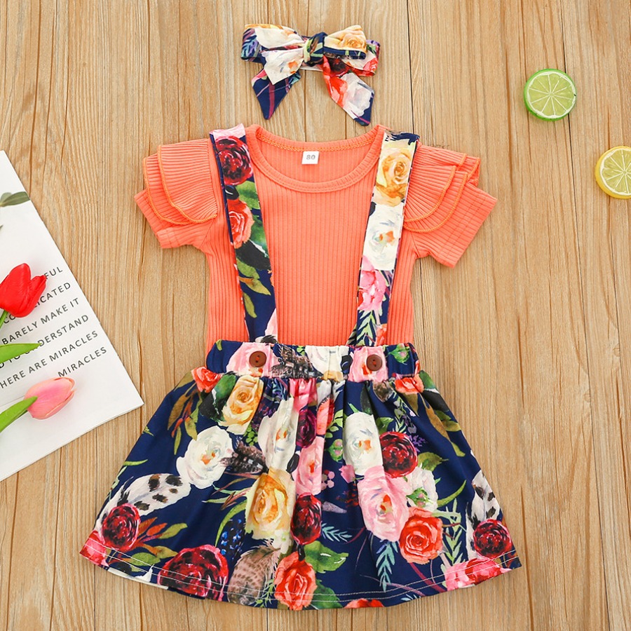 

Lovely Girl Sweet Floral Print Flounce Design Watermelon Red Two Piece Skirt Set(With Headband)