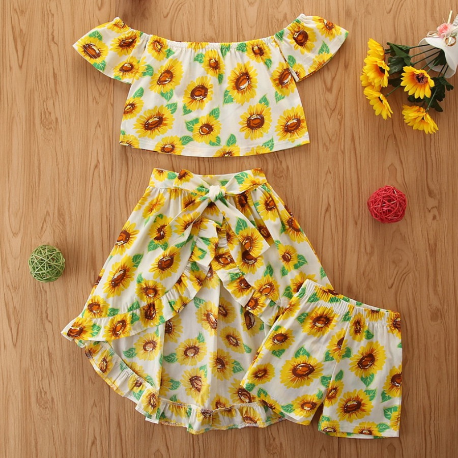 

Lovely Girl Sweet Floral Print Bow-tie Flounce Design Yellow Two Piece Skirt Set