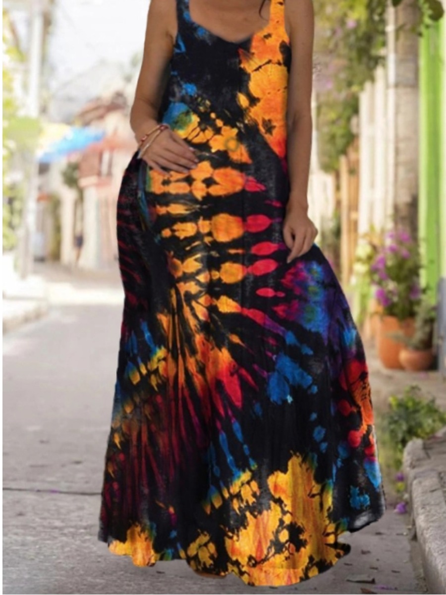 

Lovely Plus Size Boho U Neck Tie-dye Black Floor Length Dress